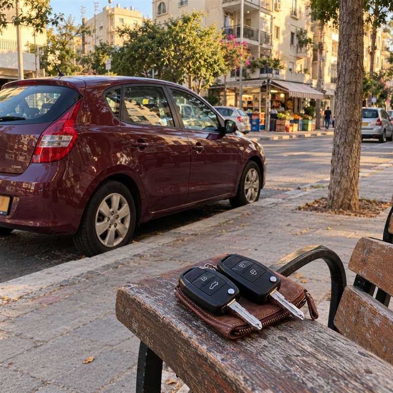 שני מפתחות לרכב על נרתיק חום וספסל עץ, וברקע רכב בורדו ברחוב שכונתי