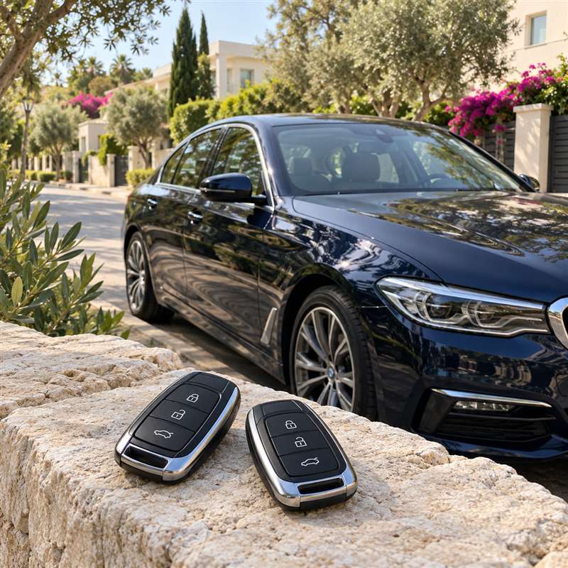 שני מפתחות חכמים לרכב על קיר אבן, וברקע רכב כחול ברחוב מגורים ירוק