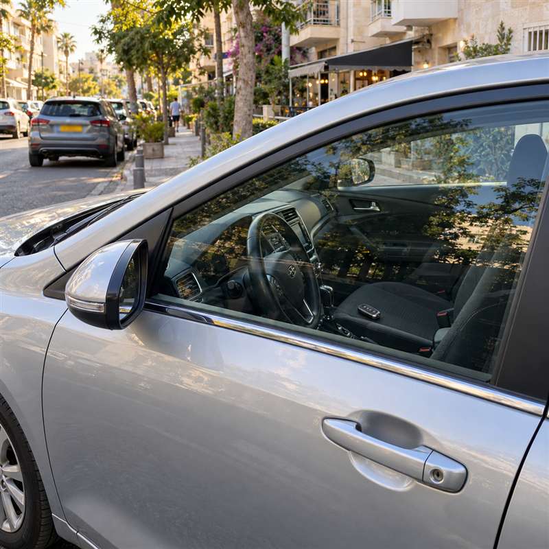 דלת סגורה של רכב כסוף ברחוב שכונתי, ושלט רכב נראה על המושב דרך החלון