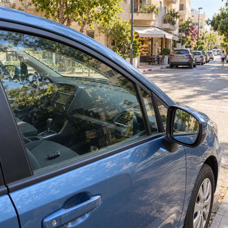 שלט רכב על המושב בתוך רכב כחול שדלתו סגורה, ברחוב שכונתי עם עצים וחנויות