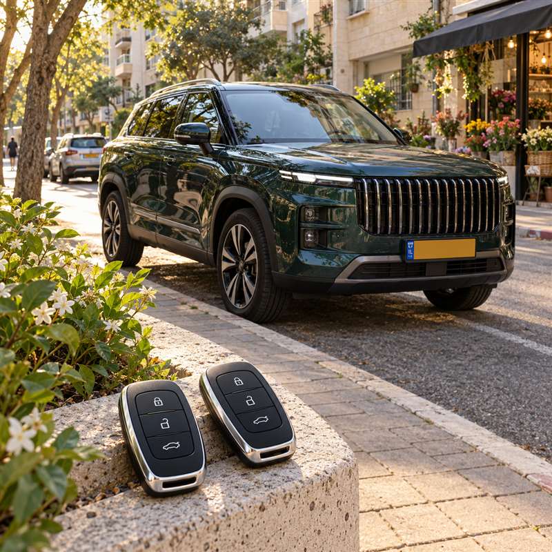 שני שלטי רכב על אדנית אבן, וברקע רכב פנאי ירוק ברחוב שכונתי לצד חנות פרחים