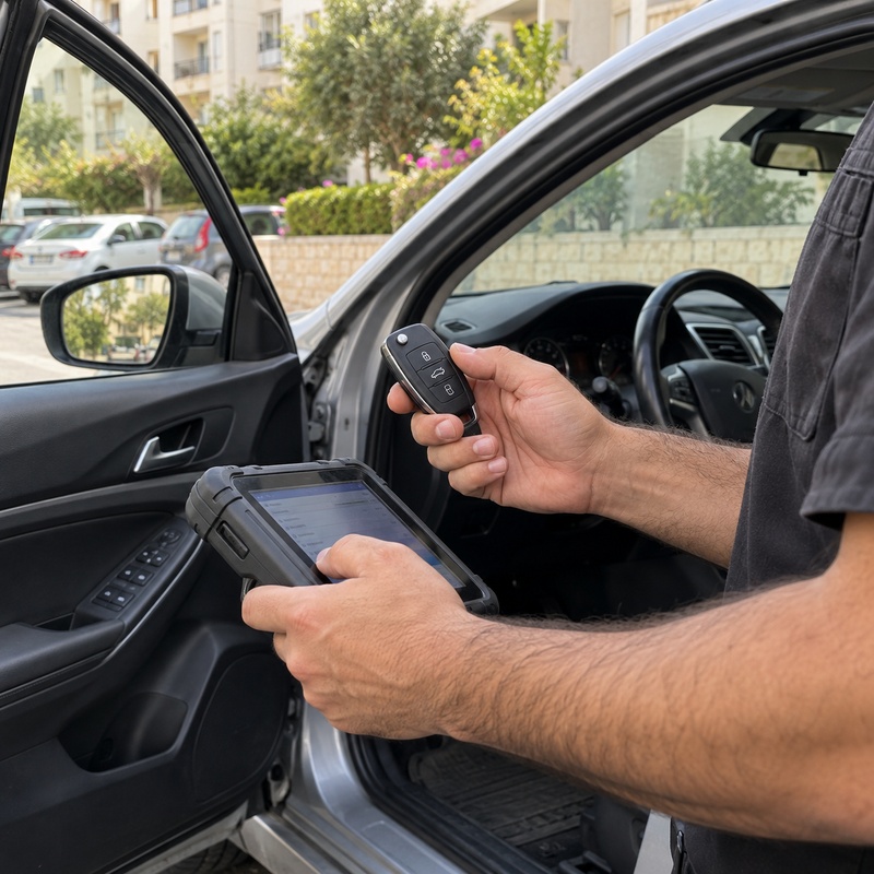 ידיים של מנעולן המחזיק מפתח רכב וטאבלט אבחון לצד דלת פתוחה בחניה באור יום